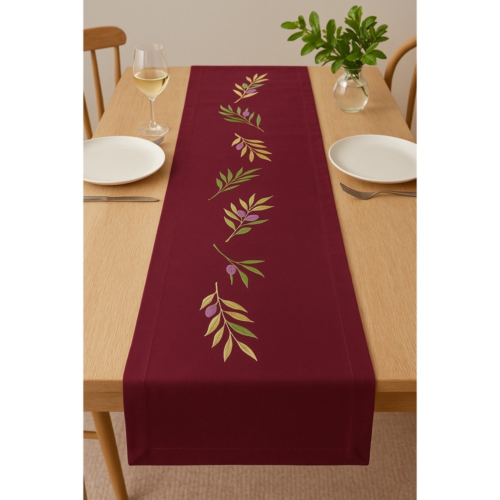 Burgundy Table Runner with Embroidered Olive Branch Design, Elegant Decor